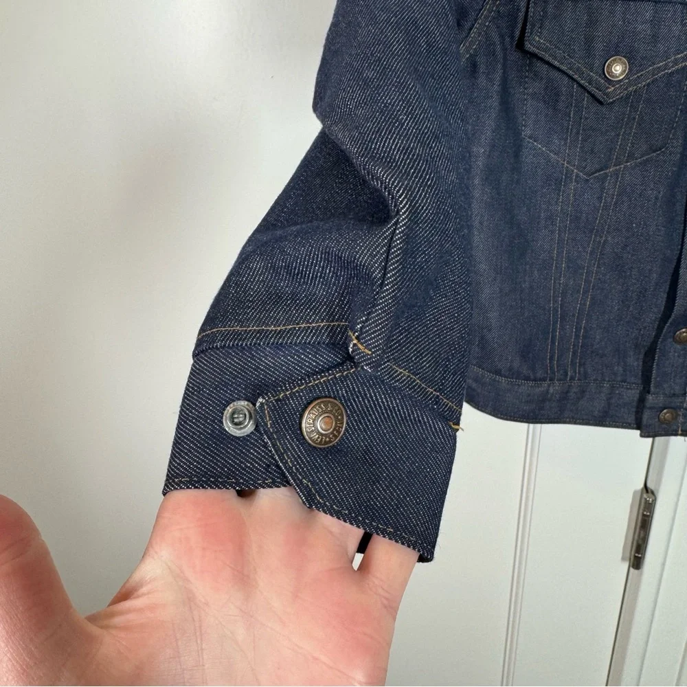 RARE VINTAGE Levis Big‎ E Orange Tab Denim Jean Jacket Dark Indigo Trucker 12 XS
